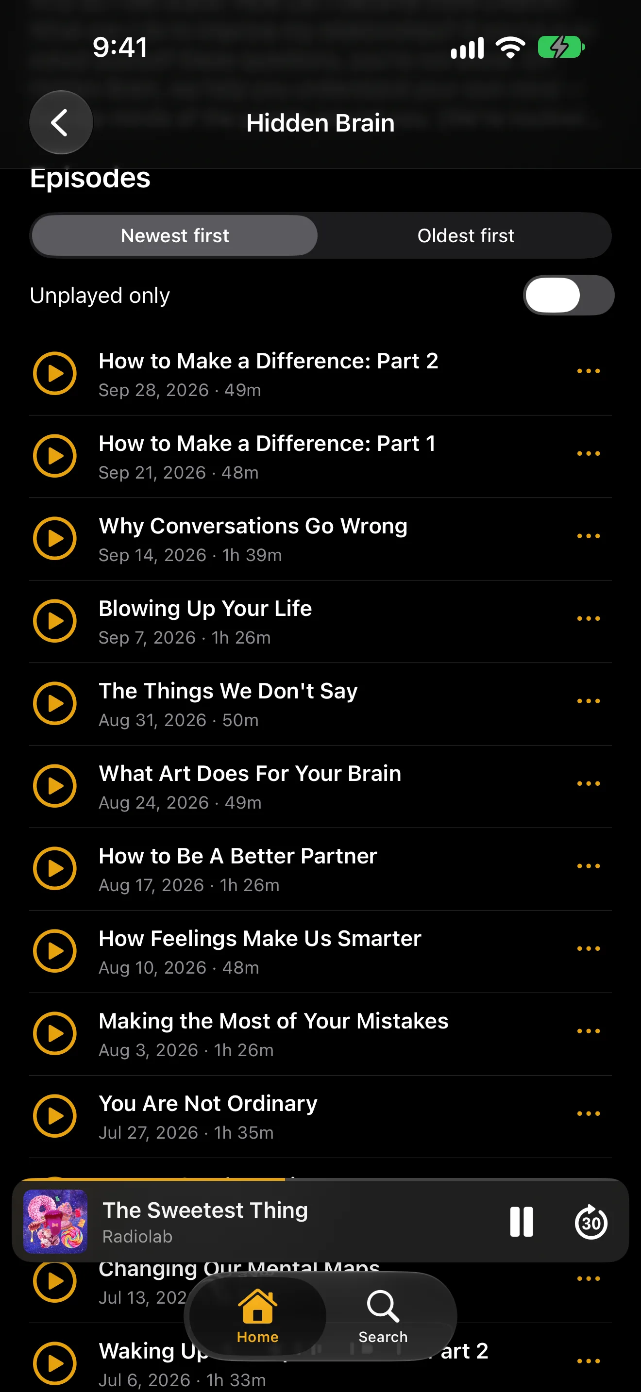 The mini-player docked above the iPhone tab bar, still playing Radiolab while browsing the Hidden Brain episode list.