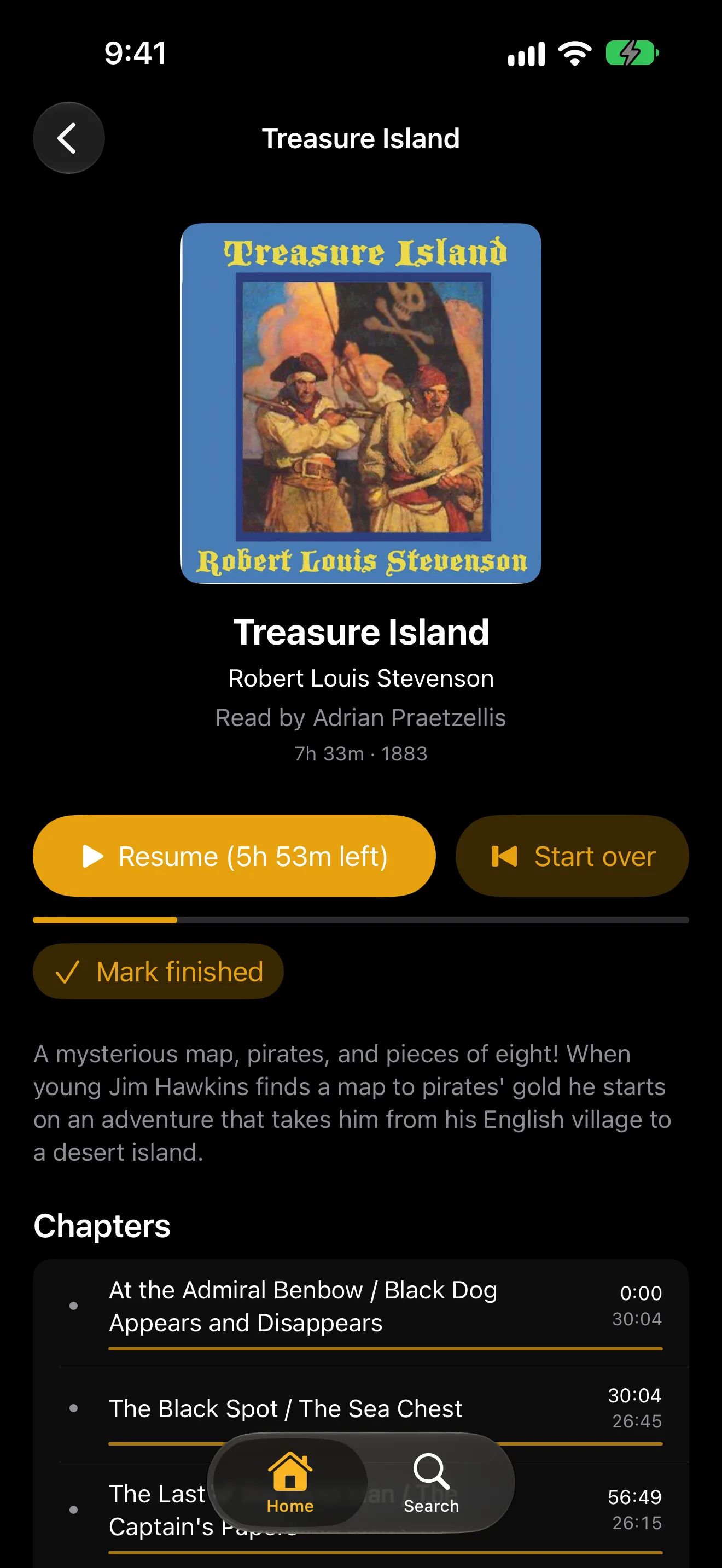 The Treasure Island audiobook page on iPhone: LibriVox cover, narrator, resume button and chapter list.