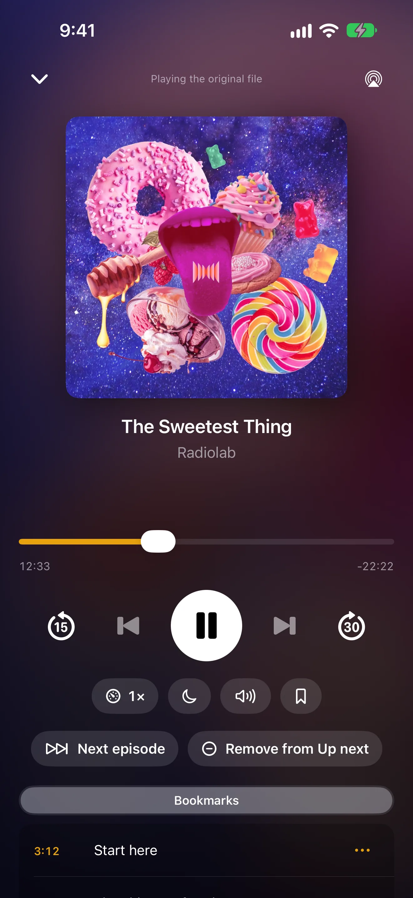 A Radiolab episode playing in the iPhone audio player, with skip, speed, sleep timer, Next episode, Remove from Up next and bookmarks.