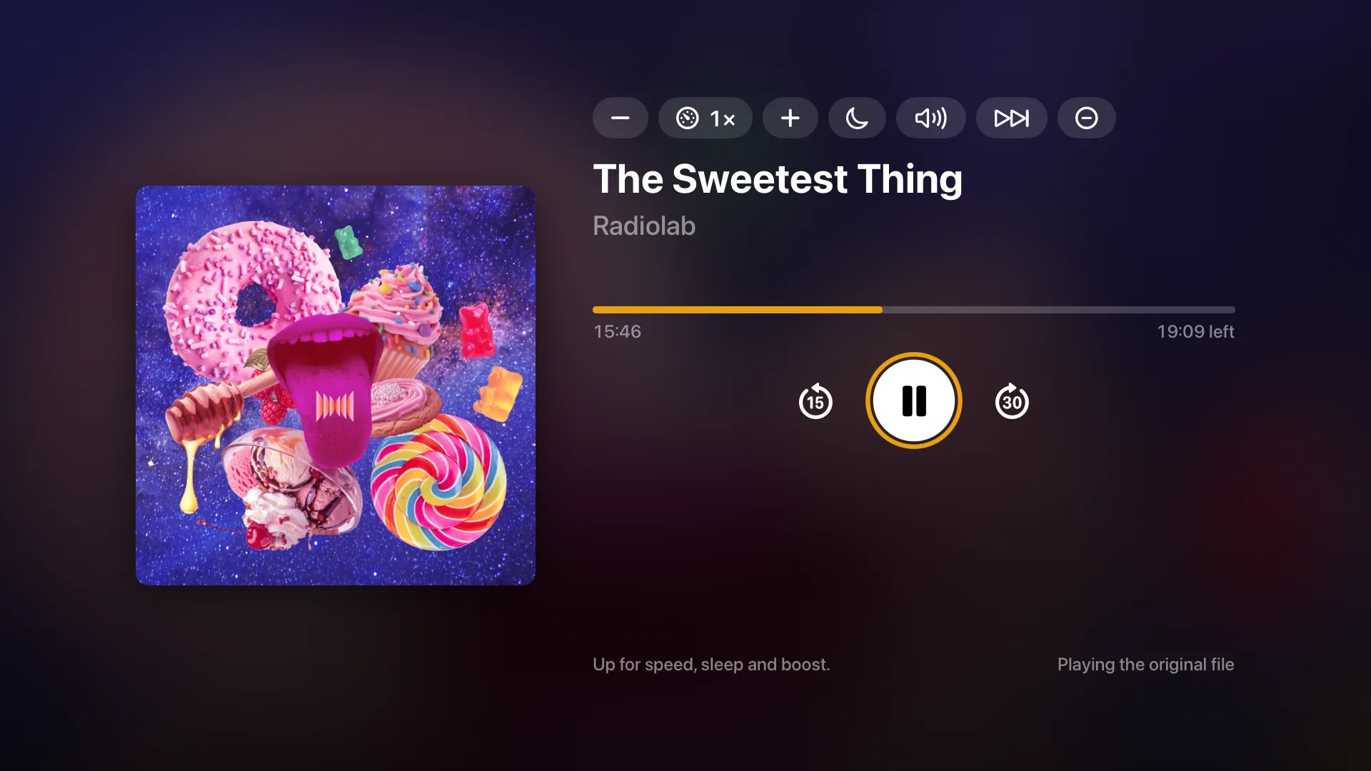 A Radiolab episode playing in the Apple TV audio player, with cover art, progress and transport controls.